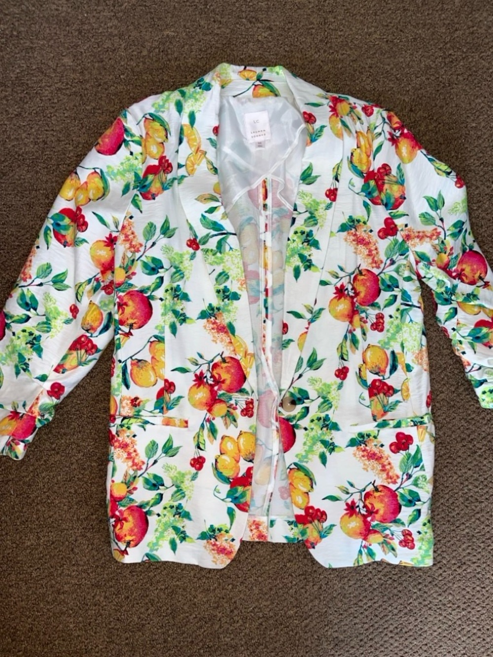LC Lauren Conrad White Blazer with Red, Yellow & Green Fruit Print